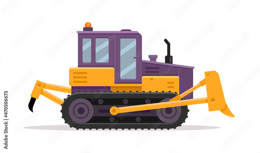 Bulldozer with a bucket. Construction machinery. Vector illustration on white background.