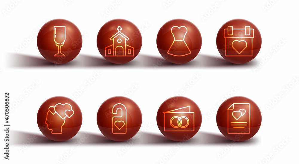 Set line Glass of champagne, Head with heart, Calendar, Greeting card, Please do not disturb, Church building, and Woman dress icon. Vector Set line Glass of champagne, Head with heart, Calendar, Greeting card, Please do not disturb, Church building, and Woman dress icon. Vector