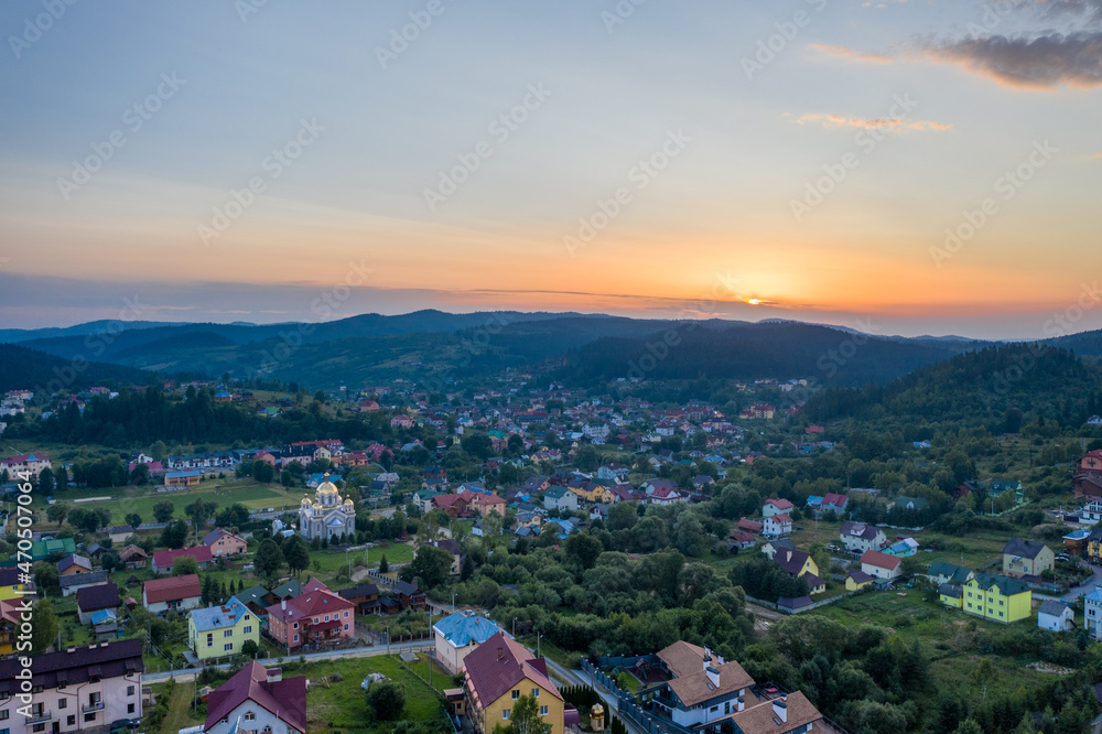 Aerial top view to resort town Skhidnytsia. Famous for mineral water with different chemical composition (such as Naftusya). Western Urkraine near Lviv.