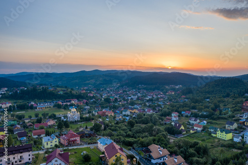 Aerial top view to resort town Skhidnytsia. Famous for mineral water with different chemical composition (such as Naftusya). Western Urkraine near Lviv.