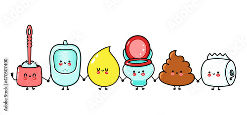 Cute, funny happy urinal, drop of urine, toilet, turd and toilet paper character