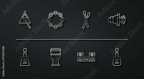 Set line Triangle, Balalaika, Speaker volume, Home stereo, Drum, Tambourine, Guitar and sticks icon. Vector
