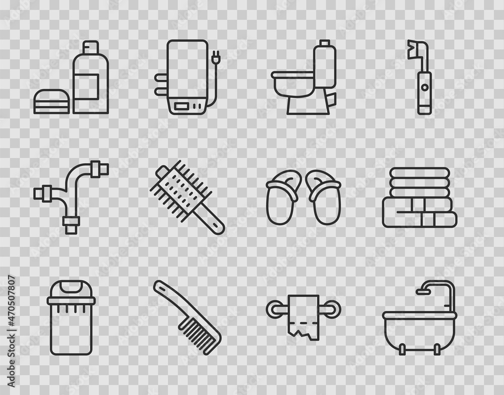 Set line Trash can, Bathtub, Toilet bowl, Hairbrush, Bottle of shampoo, paper roll and Towel stack icon. Vector Set line Trash can, Bathtub, Toilet bowl, Hairbrush, Bottle of shampoo, paper roll and Towel stack icon. Vector