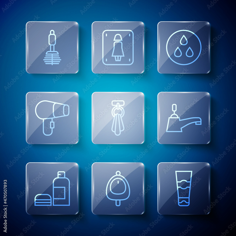 Set line Bottle of shampoo, Toilet urinal or pissoir, Tube toothpaste, Water drop, Towel on hanger, Hair dryer, brush and tap icon. Vector Set line Bottle of shampoo, Toilet urinal or pissoir, Tube toothpaste, Water drop, Towel on hanger, Hair dryer, brush and tap icon. Vector