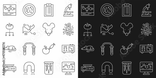 Set line Genetic engineering modification, Spectrometer, Bacteria, Clinical record, Prosthesis hand, Genetically modified food, Chemical formula and Experimental mouse icon. Vector