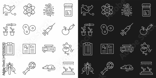 Set line Automatic irrigation sprinklers, Genetically modified food, apple, Bacteria, Cell division, Pipette and plant, Prosthesis hand and Syringe icon. Vector