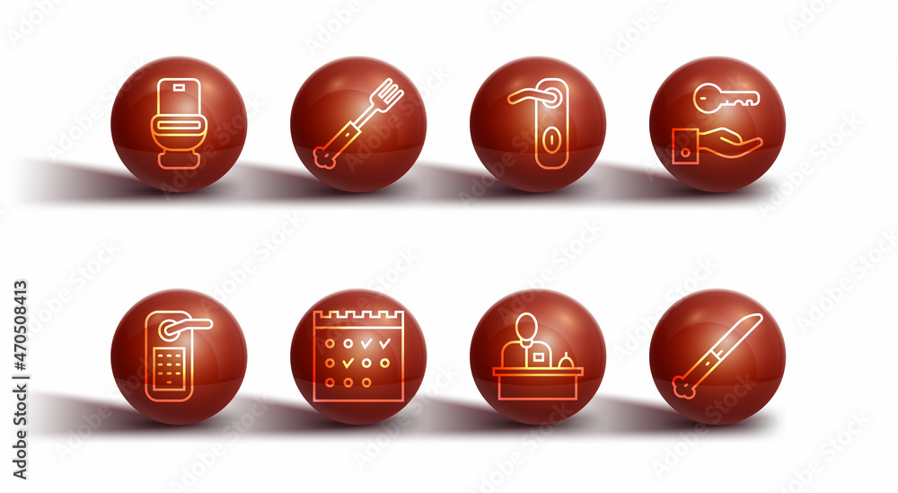Set line Toilet bowl, Digital door lock, Hotel key, reception desk, booking calendar, Fork, Knife and Door handle icon. Vector Set line Toilet bowl, Digital door lock, Hotel key, reception desk, booking calendar, Fork, Knife and Door handle icon. Vector
