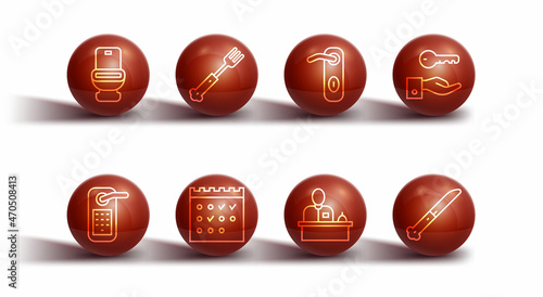 Set line Toilet bowl, Digital door lock, Hotel key, reception desk, booking calendar, Fork, Knife and Door handle icon. Vector