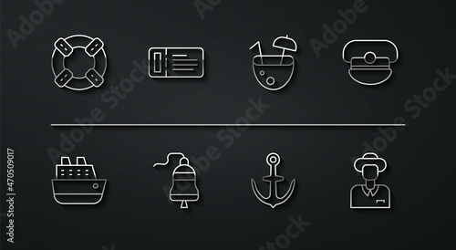 Set line Lifebuoy, Cruise ship, Captain hat, Anchor, Ship bell, ticket, Tourist and Coconut cocktail icon. Vector