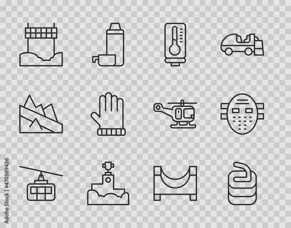 Set line Cable car, Stone for curling, Meteorology thermometer, Award winner podium, Ribbon finishing line, Christmas mitten, Skate park and Hockey mask icon. Vector Set line Cable car, Stone for curling, Meteorology thermometer, Award winner podium, Ribbon finishing line, Christmas mitten, Skate park and Hockey mask icon. Vector