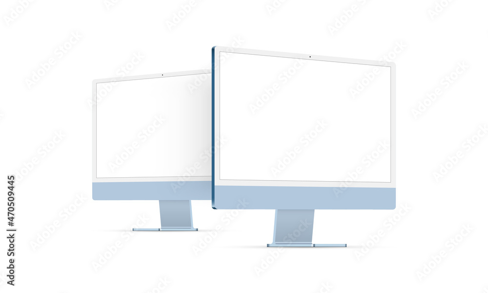 Computer Monitors Blue Mockups With Perspective Side View Isolated on White Background. Vector Illustration - obrazy, fototapety, plakaty 