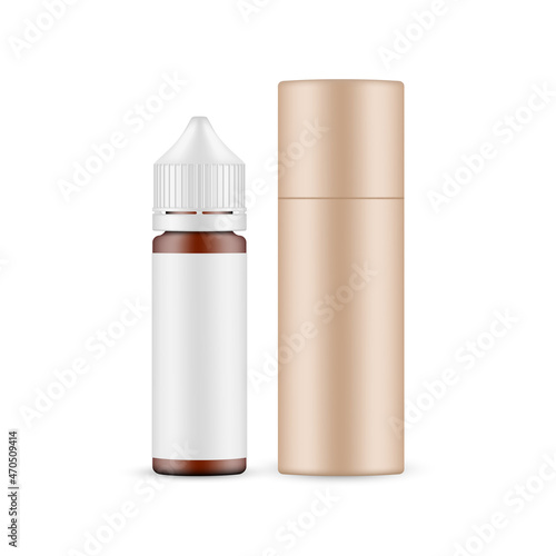 Amber Dropper Unicorn Bottle Mockup with Kraft Paper Tube, Isolated on White Background. Vector Illustration