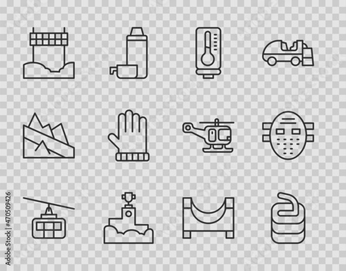 Set line Cable car, Stone for curling, Meteorology thermometer, Award winner podium, Ribbon finishing line, Christmas mitten, Skate park and Hockey mask icon. Vector