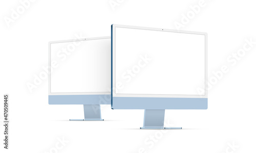 Computer Monitors Blue Mockups With Perspective Side View Isolated on White Background. Vector Illustration