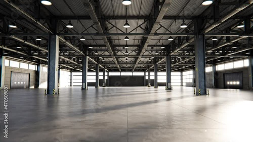 Kamerafahrt durch leere Lagerhalle, Warenlager, Fabrik,  oder Lagerhaus