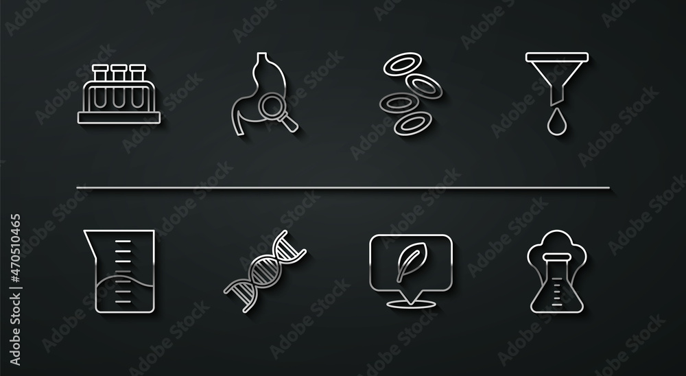 Set line Test tube and flask, Laboratory glassware or beaker, Funnel filter, Location with leaf, DNA symbol, Stomach magnifying, Chemical explosion and Hemoglobin icon. Vector Set line Test tube and flask, Laboratory glassware or beaker, Funnel filter, Location with leaf, DNA symbol, Stomach magnifying, Chemical explosion and Hemoglobin icon. Vector