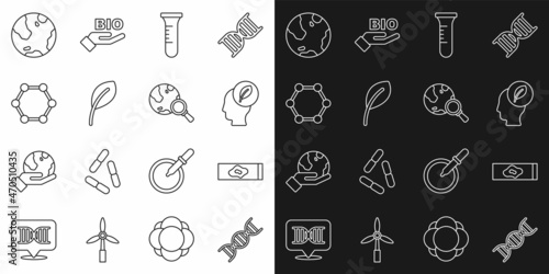 Set line DNA symbol  Blood test and virus  Human head with leaf inside  Test tube flask  Leaf or leaves  Molecule  Earth globe and Magnifying glass icon. Vector