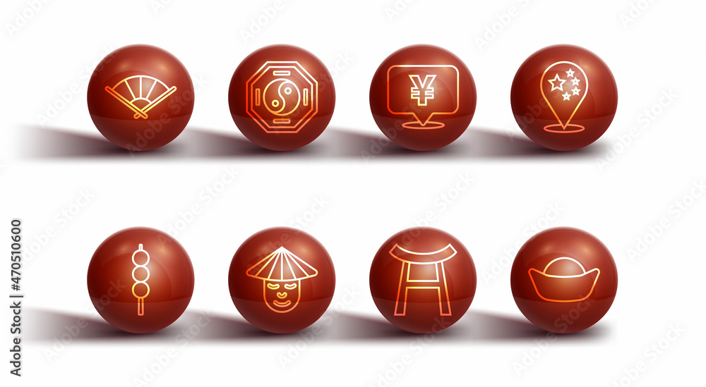 Set line Chinese or japanese folding fan, Meatballs on wooden stick, China flag, Japan Gate, man, Yin Yang, Sushi and Yuan currency icon. Vector Set line Chinese or japanese folding fan, Meatballs on wooden stick, China flag, Japan Gate, man, Yin Yang, Sushi and Yuan currency icon. Vector