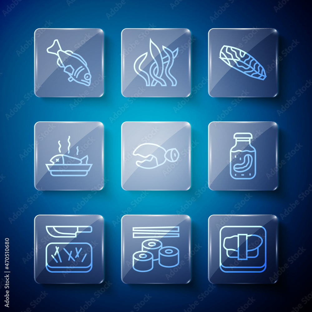 Set line Cutting board and knife, Sushi, on cutting, Fish steak, Lobster or crab claw, Served fish plate, and Sea cucumber jar icon. Vector Set line Cutting board and knife, Sushi, on cutting, Fish steak, Lobster or crab claw, Served fish plate, and Sea cucumber jar icon. Vector