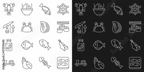 Set line Canned fish, Fishing harpoon, Sushi, Crab, Lobster and Mussel icon. Vector