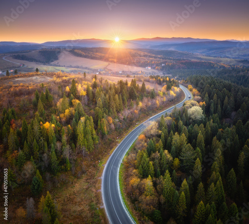 Aerial view of mountain road in forest at sunset in autumn. Top view from drone of road in woods. Beautiful landscape with roadway in hills, pine trees, green meadows, golden sunlight in fall. Travel