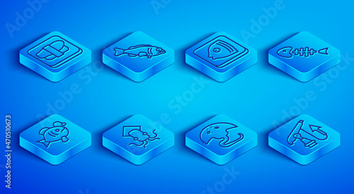 Set line Sushi on cutting board, Fish, head, Octopus, Stingray, skeleton, Tropical fish and Fishing harpoon icon. Vector