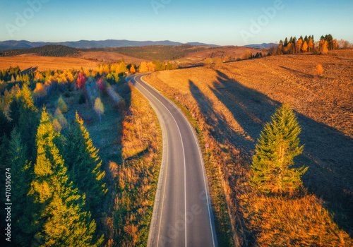 Aerial view of mountain road in forest at sunset in autumn. Top view from drone of road in woods. Beautiful landscape with roadway in hills, pine trees, meadows, golden sunlight in fall. Travel