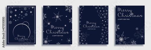 Merry Christmas and New Year 2022 brochure covers set. Xmas minimal banner design with white snowflakes patterns and text on blue backgrounds. Vector illustration for flyer, poster or greeting card