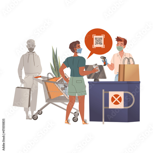 People using contactless mobile payment system, scanning qr code at supermarket. Digital banking service cartoon vector illustration