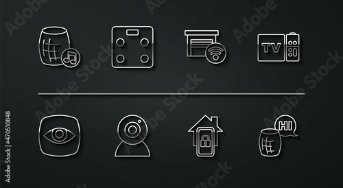 Set line Voice assistant, Security camera, Multimedia and TV box receiver, Mobile with smart home, Web, Smart bathroom scales, and garage icon. Vector
