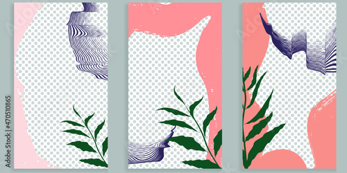 Social media covers with simple design elements . Boho style . Leaves . Post frame stories templates.  Layout for promotion .Media banner .Vector