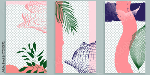 Social media covers with simple design elements . Boho style . Leaves . Post frame stories templates.  Layout for promotion .Media banner .Vector