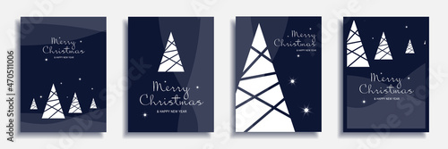 Merry Christmas and New Year 2022 brochure covers set. Xmas minimal banner design with white geometric trees and stars at blue background. Vector illustration for flyer, poster or greeting card