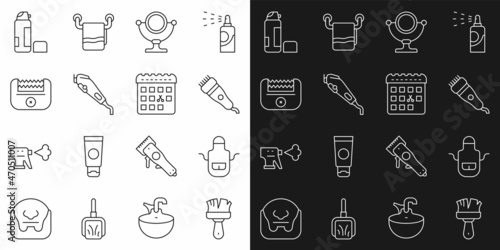 Set line Shaving brush, Barber apron, Electrical hair clipper, Round makeup mirror, gel foam and Calendar with haircut day icon. Vector