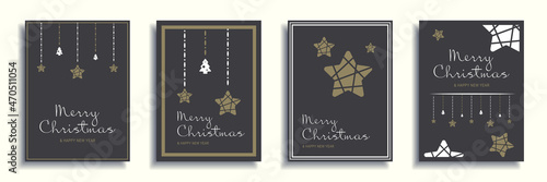 Merry Christmas and New Year 2022 brochure covers set. Xmas minimal banner design with hanging stars and festive trees at dark background. Vector illustration for flyer, poster or greeting card