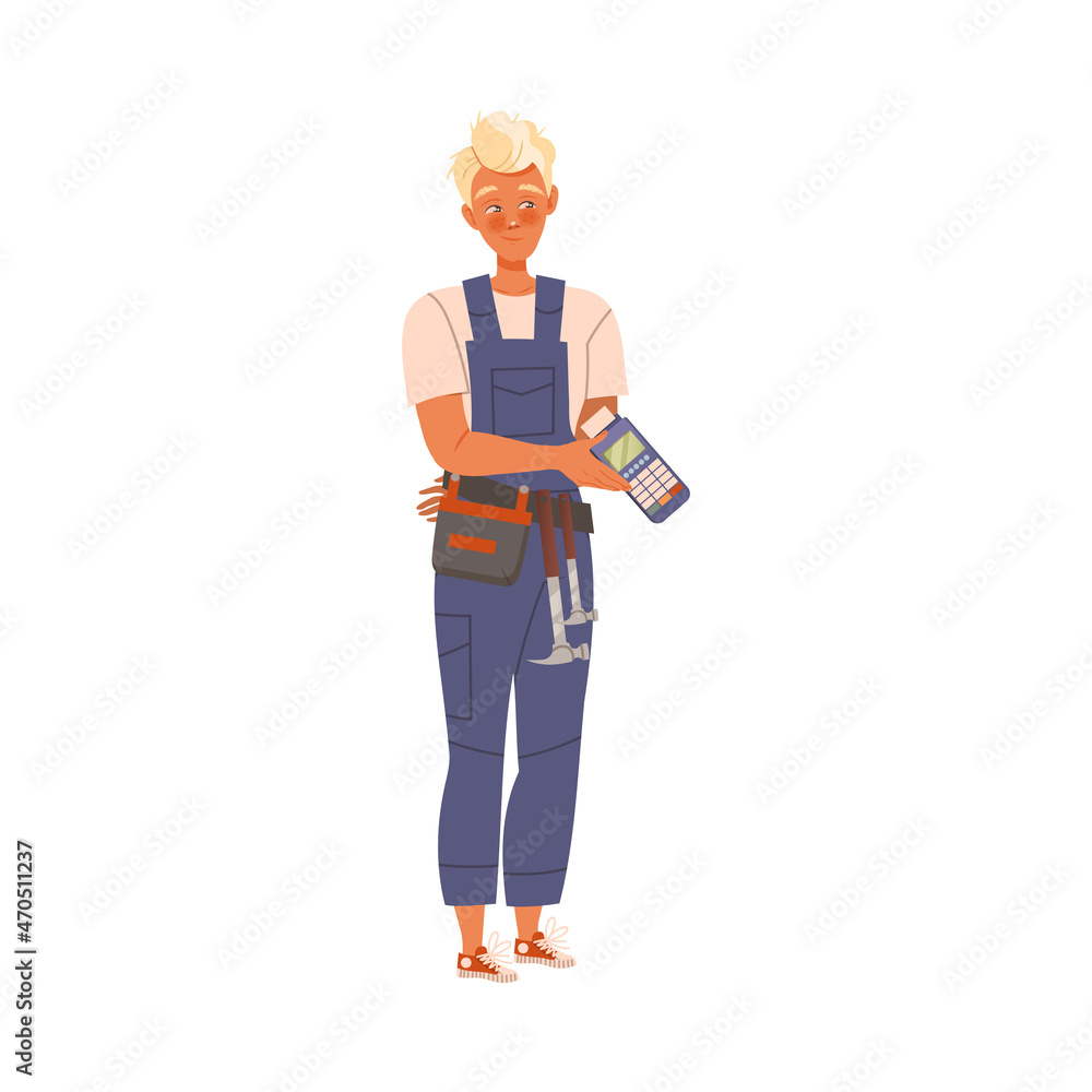 Man locksmith holding POS terminal cashless payment machine cartoon vector illustration Man locksmith holding POS terminal cashless payment machine cartoon vector illustration