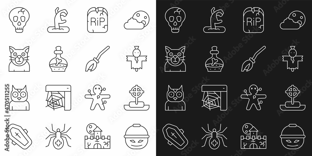 Set line Pumpkin basket for sweets, Tombstone with cross, Scarecrow, RIP written, Bottle potion, Cat, Skull and Witches broom icon. Vector