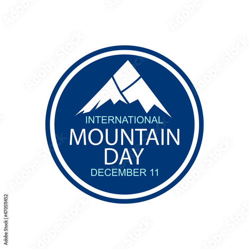 Mountains vector illustration for International mountain day on december 11. Mountains silhouette with snow peaks and sun, round print stamp design for logo, icon, sticker, emblem, label template 