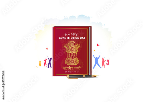 Indian constitution day celebration.People celebrating with tricolor flag Ashoka Chakra and democracy Law book poster design photo