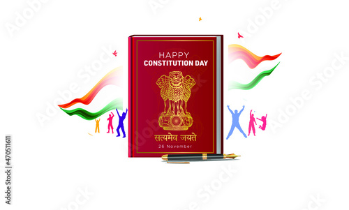Indian constitution day celebration. People celebrating with tricolor flag Ashoka Chakra and democracy Law book poster design