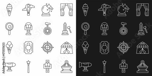Set line Boat swing, Circus tent, Striker attraction with hammer, Magic ball, Attraction carousel, Lollipop, Ice cream waffle cone and Unicycle or wheel bicycle icon. Vector