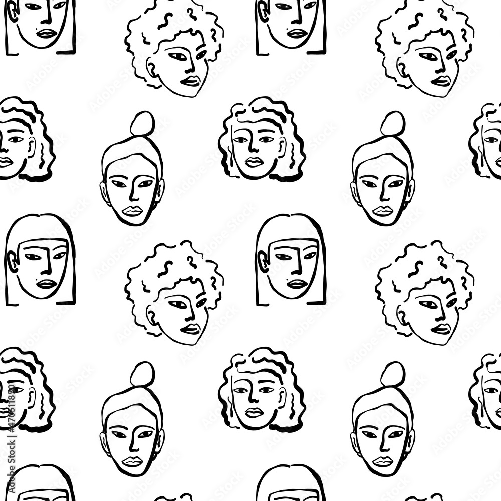 Contemporary abstract women portraits seamless pattern with various line art ethnics faces. Monochrome isolated repeat. Contemporary abstract women portraits seamless pattern with various line art ethnics faces. Monochrome isolated repeat.