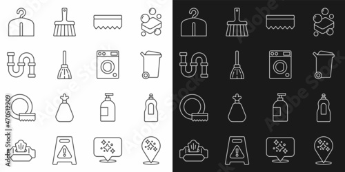 Set line Home cleaning service, Dishwashing liquid bottle, Trash can, Sponge, Handle broom, Industry metallic pipe, Hanger wardrobe and Washer icon. Vector