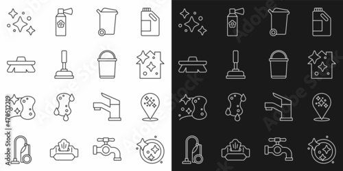 Set line Washing dishes, Home cleaning service, Trash can, Rubber plunger, Brush for, and Bucket icon. Vector