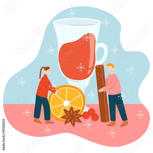 Winter cozy hot drink. Tiny people cook mulled wine. Concept making mulled wine. Vector illustration in flat style.