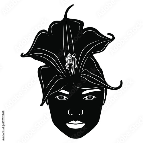 Beautiful female face with datura flower as her hat or hair. Creative botanical concept. Black and white negative silhouette.