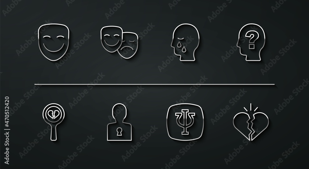 Set line Comedy theatrical mask, Broken heart or divorce, Head with question mark, Psychology, Psi, Solution to problem, and tragedy masks, and Man graves funeral sorrow icon. Vector Set line Comedy theatrical mask, Broken heart or divorce, Head with question mark, Psychology, Psi, Solution to problem, and tragedy masks, and Man graves funeral sorrow icon. Vector