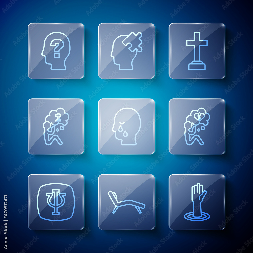Set line Psychology, Psi, Armchair, Helping hand, Graves funeral sorrow, Man graves, Head with question mark and Broken heart divorce icon. Vector Set line Psychology, Psi, Armchair, Helping hand, Graves funeral sorrow, Man graves, Head with question mark and Broken heart divorce icon. Vector