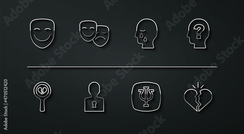 Set line Comedy theatrical mask, Broken heart or divorce, Head with question mark, Psychology, Psi, Solution to problem, and tragedy masks, and Man graves funeral sorrow icon. Vector