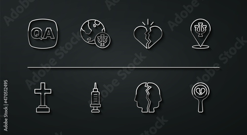 Set line Question and Answer, Graves funeral sorrow, Psychology, Psi, Bipolar disorder, Addiction to the drug, Broken heart divorce and icon. Vector